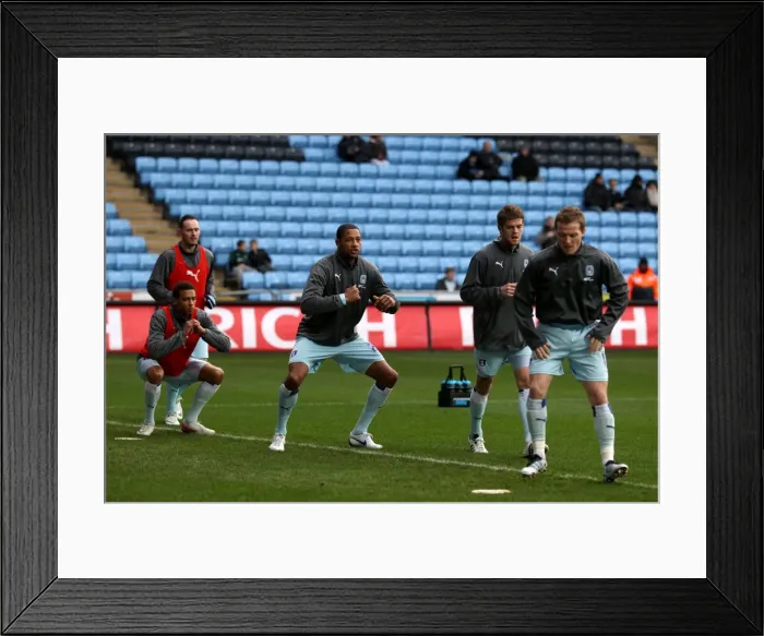 Framed Print : Intense Warm-Up: Coventry City Players Prepare for Championship Showdown against Middlesbrough (21-01-2012, Ricoh Arena)