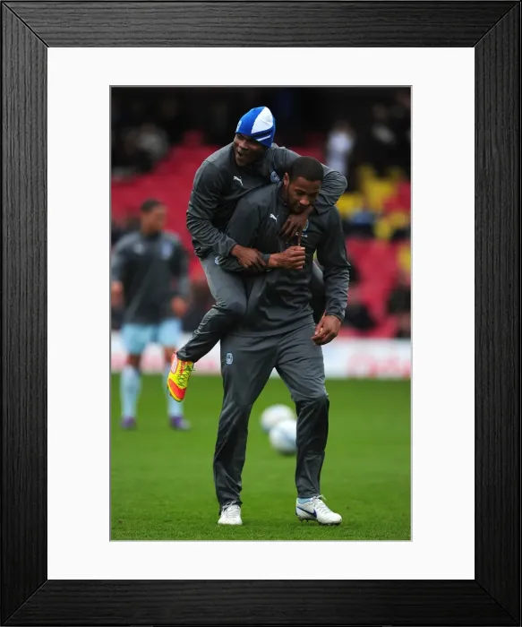 Framed Print : Coventry City: Platt and Nimely's Exuberant Warm-Up Celebration (17-03-2012 v Watford) Framed Print : Coventry City: Platt and Nimely's Exuberant Warm-Up Celebration (17-03-2012 v Watford)