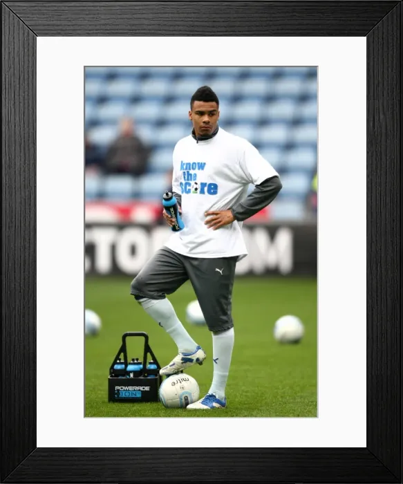 Framed Print : Jordan Willis Pre-Match Warm-Up: Know the Score T-shirt at Ricoh Arena (Coventry City vs. Peterborough United, Npower Football League Championship, 07-04-2012)
