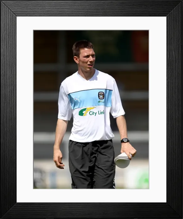 Framed Print : Coventry City FC: Assistant Physiotherapist Sam Heathcote Leads Training Session at Hinckley United's Pre-Season Friendly at De Montfort Park