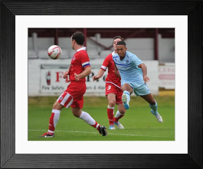 Framed Print : Jordan Clarke's Determined Strike: Coventry City's Pre-Season Clash at Accrington Stanley's Crown Ground Framed Print : Jordan Clarke's Determined Strike: Coventry City's Pre-Season Clash at Accrington Stanley's Crown Ground