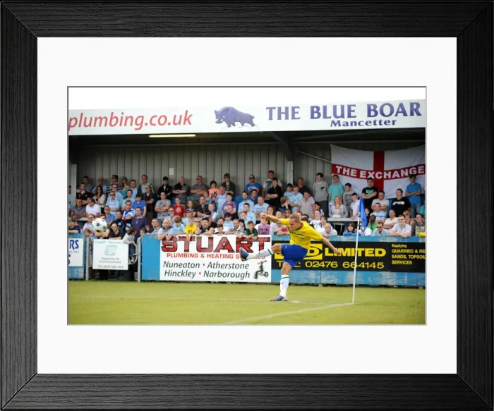 Framed Print : Coventry City Fans Intently Watch Chris Hussey's Corner Kick at Nuneaton Town's Liberty Way Stadium (Pre-Season Friendly) Framed Print : Coventry City Fans Intently Watch Chris Hussey's Corner Kick at Nuneaton Town's Liberty Way Stadium (Pre-Season Friendly)