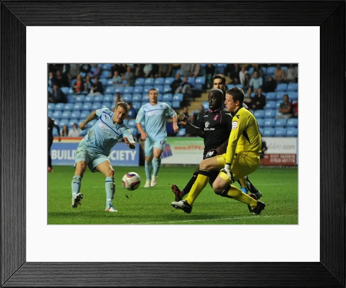 Framed Print : Carl Baker's Hat-trick: Coventry City Shocks Birmingham City in Capital One Cup Round 2 Framed Print : Carl Baker's Hat-trick: Coventry City Shocks Birmingham City in Capital One Cup Round 2