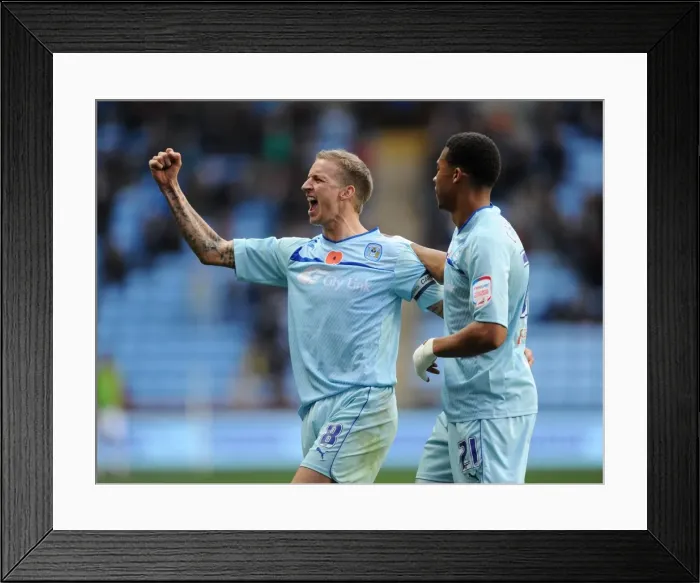 Framed Print : Carl Baker Scores Opening Goal for Coventry City Against Scunthorpe United at Ricoh Arena Framed Print : Carl Baker Scores Opening Goal for Coventry City Against Scunthorpe United at Ricoh Arena
