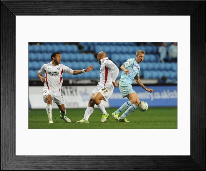 Framed Print : Coventry City vs Scunthorpe United: Baker Outmuscles Hawley for the Ball in Npower League One Clash at Ricoh Arena Framed Print : Coventry City vs Scunthorpe United: Baker Outmuscles Hawley for the Ball in Npower League One Clash at Ricoh Arena