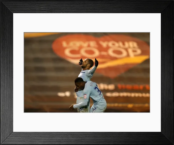 Framed Print : Coventry City: McGoldrick and Moussa Celebrate Historic Third Goal vs Colchester United (Npower League One, 2011-2012)