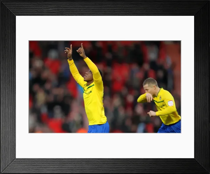 Framed Print : Franck Moussa Scores Opening Goal for Coventry City vs Doncaster Rovers in Football League One