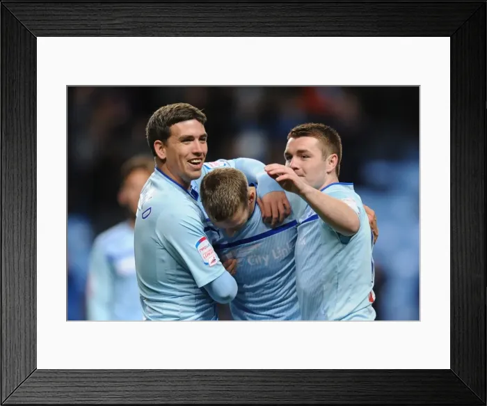 Framed Print : Coventry City's Carl Baker Scores Brace: Triumphant Celebration with Cody McDonald and John Fleck in Npower League One Match vs. Walsall (Ricoh Arena) Framed Print : Coventry City's Carl Baker Scores Brace: Triumphant Celebration with Cody McDonald and John Fleck in Npower League One Match vs. Walsall (Ricoh Arena)
