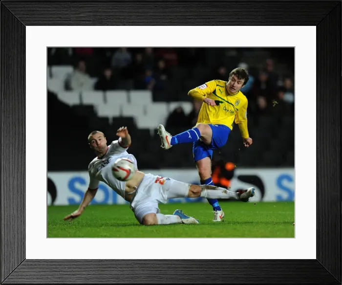 Framed Print : Stephen Elliott Scores Thrilling Third Goal Against Milton Keynes Dons in Football League One Framed Print : Stephen Elliott Scores Thrilling Third Goal Against Milton Keynes Dons in Football League One