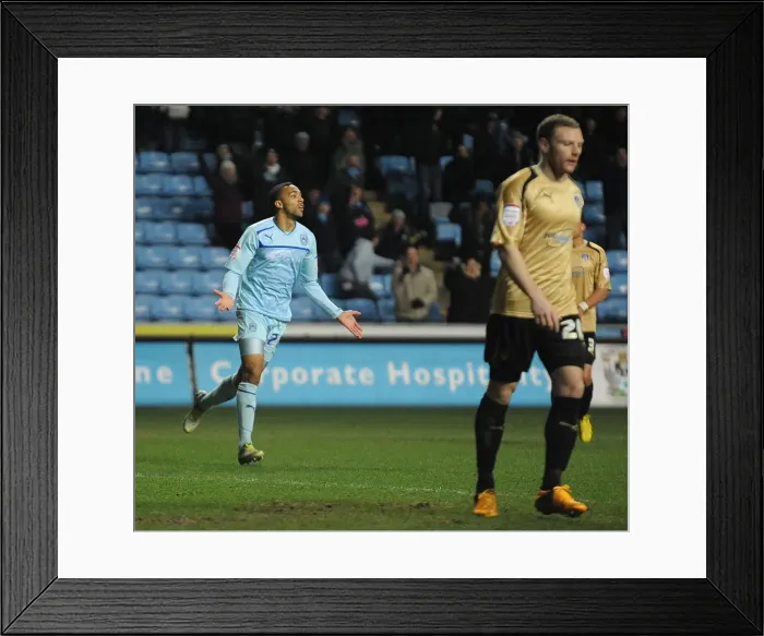 Framed Print : Callum Wilson Scores the Winning Goal for Coventry City Against Colchester United at Ricoh Arena Framed Print : Callum Wilson Scores the Winning Goal for Coventry City Against Colchester United at Ricoh Arena