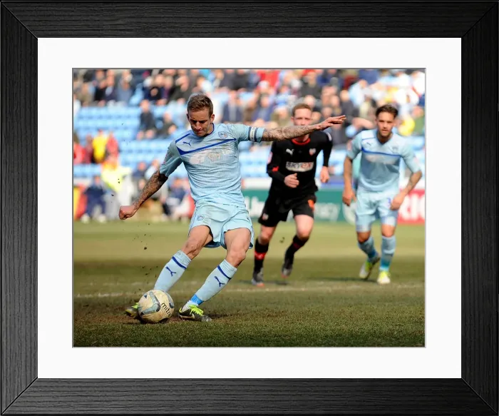 Framed Print : Carl Baker Scores Opening Penalty for Coventry City against Brentford at Ricoh Arena Framed Print : Carl Baker Scores Opening Penalty for Coventry City against Brentford at Ricoh Arena