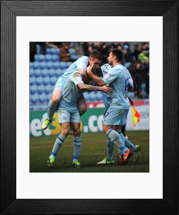 Framed Print : Carl Baker Scores Opening Goal for Coventry City Against Brentford at Ricoh Arena