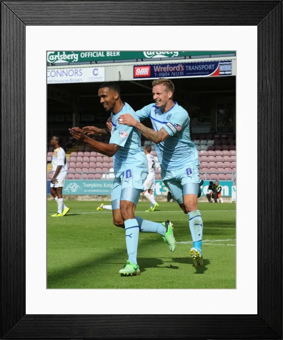 Framed Print : Coventry City: Wilson and Baker Celebrate First Goal in Sky Bet Football League One Win Against Colchester United (08-09-2013) Framed Print : Coventry City: Wilson and Baker Celebrate First Goal in Sky Bet Football League One Win Against Colchester United (08-09-2013)