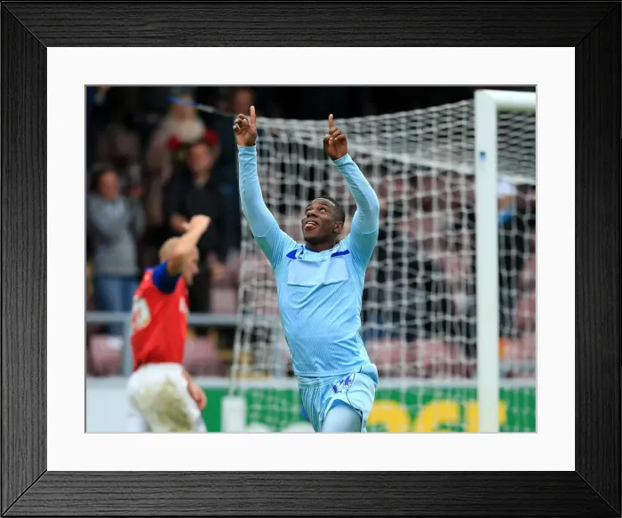 Framed Print : Franck Moussa's Strike: Coventry City's Second Goal vs. Gillingham (Sky Bet League One, September 15, 2013)