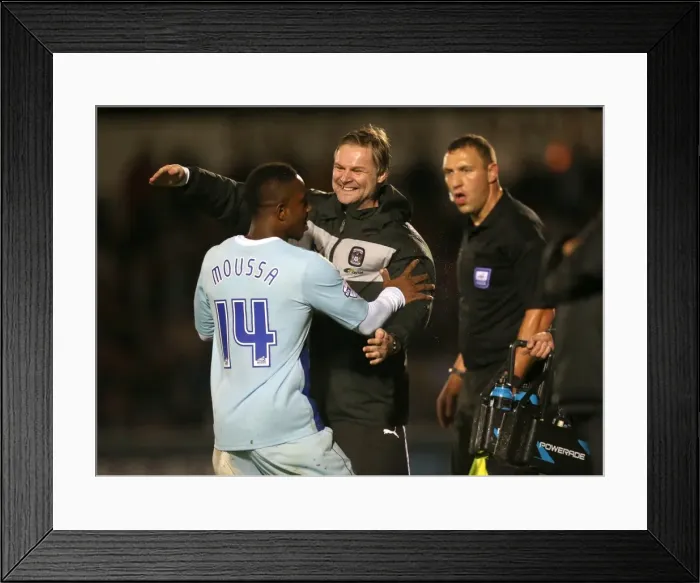 Framed Print : Franck Moussa's Stunner: Coventry City Manager Steven Pressley Celebrates Framed Print : Franck Moussa's Stunner: Coventry City Manager Steven Pressley Celebrates