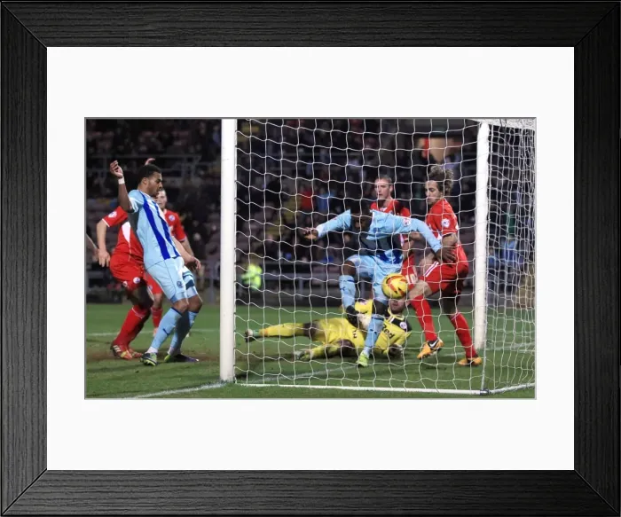 Framed Print : Franck Moussa Scores His Second Goal: Coventry City's Victory Against Crawley Town in Sky Bet League One (January 12, 2014, Sixfields Stadium) Framed Print : Franck Moussa Scores His Second Goal: Coventry City's Victory Against Crawley Town in Sky Bet League One (January 12, 2014, Sixfields Stadium)