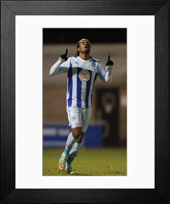 Framed Print : Nathan Delfouneso Scores the Dramatic Winning Goal for Coventry City Against Walsall in Sky Bet League One (05-03-2014, Sixfields Stadium) Framed Print : Nathan Delfouneso Scores the Dramatic Winning Goal for Coventry City Against Walsall in Sky Bet League One (05-03-2014, Sixfields Stadium)