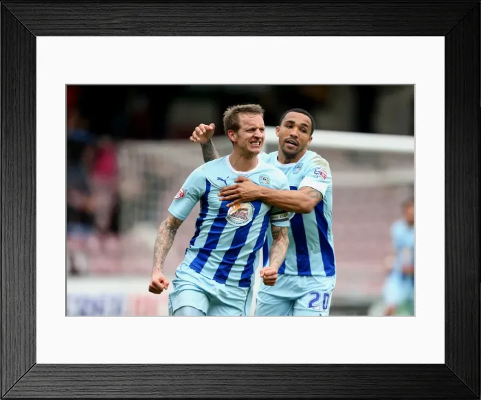 Framed Print : Baker and Wilson's Thrilling Goal Celebration: A Memorable Moment for Coventry City in Sky Bet League One Framed Print : Baker and Wilson's Thrilling Goal Celebration: A Memorable Moment for Coventry City in Sky Bet League One