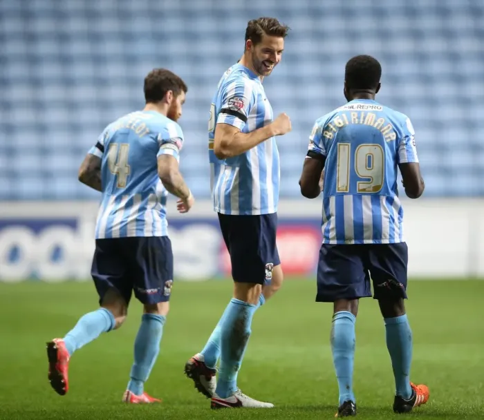 Framed Print : Aaron Martin Scores the Opener: Coventry City's Triumph in Sky Bet League One against Oldham Town at Ricoh Arena