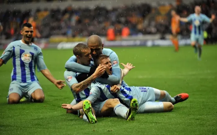 Framed Print : Aaron Phillips Equalizer: Coventry City Celebrates Against Wolves in Sky Bet League 1 Framed Print : Aaron Phillips Equalizer: Coventry City Celebrates Against Wolves in Sky Bet League 1