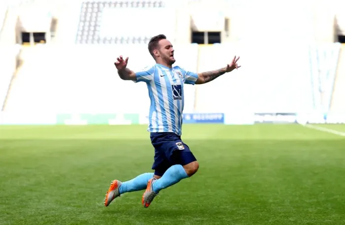 Framed Print : Adam Armstrong Scores First Goal: Coventry City's Triumph in Sky Bet League One Against Chesterfield Framed Print : Adam Armstrong Scores First Goal: Coventry City's Triumph in Sky Bet League One Against Chesterfield