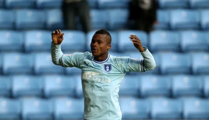 Framed Print : Alex Nimely's Double Strike: Coventry City's Momentum Shift Against Middlesbrough in the Championship (January 21, 2012, Ricoh Arena)