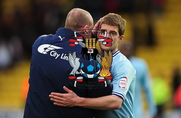 Andy Thorn and Martin Cranie: Coventry City's Jubilant Moment after Securing Victory over Watford (17-03-2012)