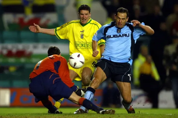 Framed Print : AXA FA Cup Showdown: Dean Holdsworth vs. Scott Young and Neil Alexander - Coventry City vs. Cardiff City (January 15, 2003) Framed Print : AXA FA Cup Showdown: Dean Holdsworth vs. Scott Young and Neil Alexander - Coventry City vs. Cardiff City (January 15, 2003)