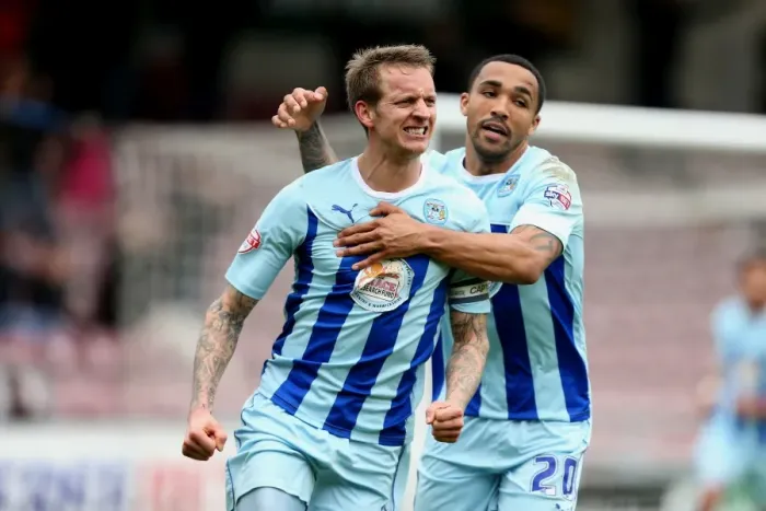 Framed Print : Baker and Wilson's Thrilling Goal Celebration: A Memorable Moment for Coventry City in Sky Bet League One Framed Print : Baker and Wilson's Thrilling Goal Celebration: A Memorable Moment for Coventry City in Sky Bet League One