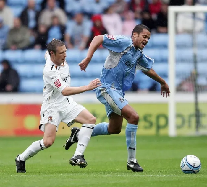 Framed Print : Barmby vs. Hall: Intense Moment in Coventry City vs. Hull City Championship Clash (2007) Framed Print : Barmby vs. Hall: Intense Moment in Coventry City vs. Hull City Championship Clash (2007)