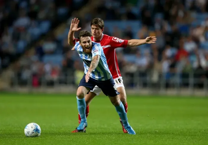 Framed Print : Battle for the Ball: Coventry City vs Crewe Alexandra in Sky Bet League One - Romain Vincelot vs Billy Bingham Framed Print : Battle for the Ball: Coventry City vs Crewe Alexandra in Sky Bet League One - Romain Vincelot vs Billy Bingham