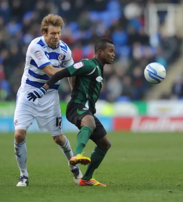 Framed Print : Battle for the Ball: Gorkss vs. Nimely in Coventry City vs. Reading Championship Clash (11-02-2012, Madejski Stadium) Framed Print : Battle for the Ball: Gorkss vs. Nimely in Coventry City vs. Reading Championship Clash (11-02-2012, Madejski Stadium)