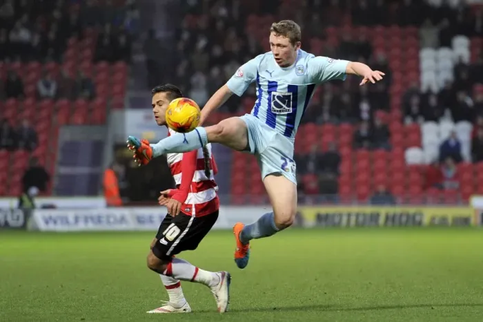 Framed Print : Battle for the Ball: Harry Forrester vs. Matthew Pennington - Coventry City vs. Doncaster Rovers, Sky Bet League One Framed Print : Battle for the Ball: Harry Forrester vs. Matthew Pennington - Coventry City vs. Doncaster Rovers, Sky Bet League One