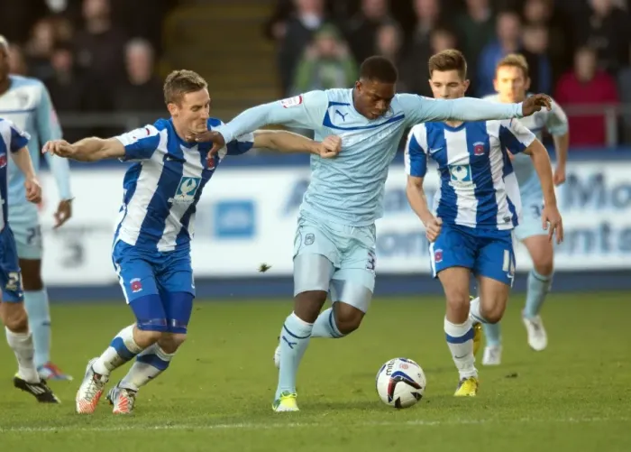 Framed Print : Battle for the Ball: Hartlepool United vs Coventry City, Football League One