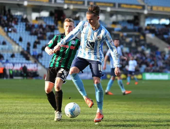 Framed Print : Battle for the Ball: Maddison vs. Allen in Coventry City's Sky Bet League One Clash Framed Print : Battle for the Ball: Maddison vs. Allen in Coventry City's Sky Bet League One Clash