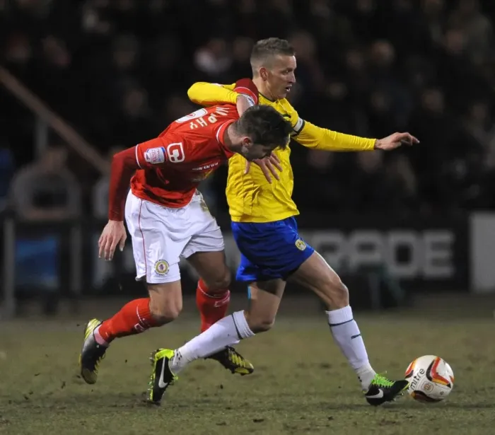 Framed Print : Battle for the Ball: Murphy vs. Baker in the Johnstones Paint Trophy Northern Final Framed Print : Battle for the Ball: Murphy vs. Baker in the Johnstones Paint Trophy Northern Final