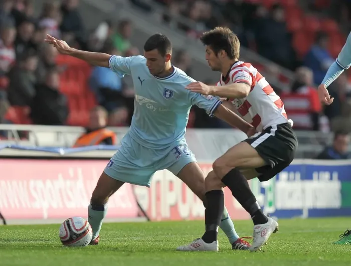 Framed Print : Battle for the Ball: Thomas vs. Friend in Coventry City's Championship Showdown Framed Print : Battle for the Ball: Thomas vs. Friend in Coventry City's Championship Showdown