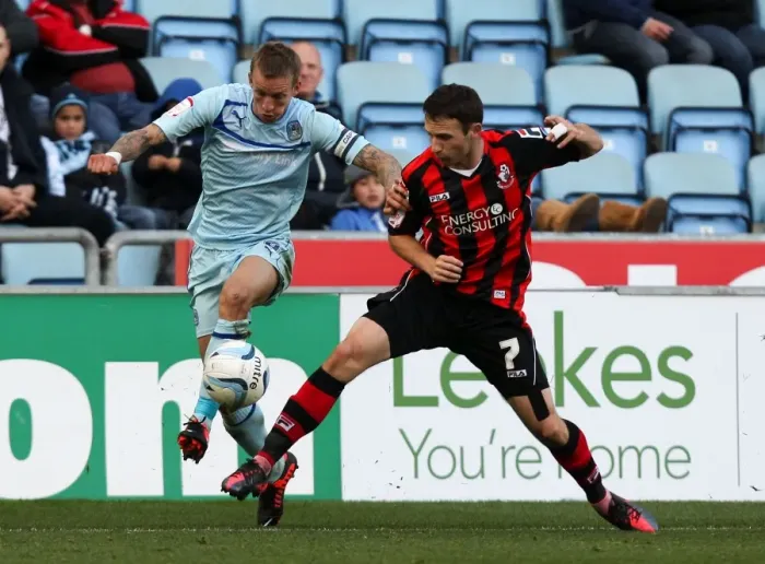 Framed Print : Battle for Possession: Coventry City vs Bournemouth in Football League One at Ricoh Arena