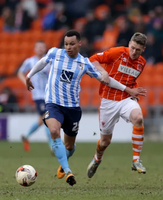 Framed Print : Battle for Supremacy: Jacob Murphy vs. Jim McAlister in Sky Bet League One Clash between Blackpool and Coventry City Framed Print : Battle for Supremacy: Jacob Murphy vs. Jim McAlister in Sky Bet League One Clash between Blackpool and Coventry City