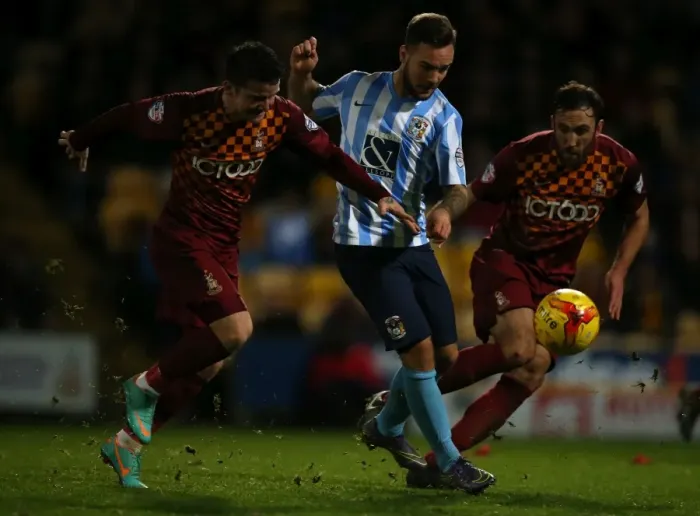 Framed Print : Battling for Control: McArdle, Knott, and Armstrong's Intense Clash in Coventry vs. Bradford League One Match Framed Print : Battling for Control: McArdle, Knott, and Armstrong's Intense Clash in Coventry vs. Bradford League One Match