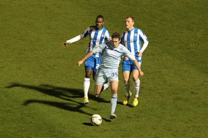Framed Print : Blair Adams Escape: Coventry City vs Colchester United in Npower League One