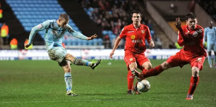 Framed Print : Blocked Shot Showdown: Coventry City vs Crewe Alexandra in the Johnstones Paint Trophy Northern Final at Ricoh Arena Framed Print : Blocked Shot Showdown: Coventry City vs Crewe Alexandra in the Johnstones Paint Trophy Northern Final at Ricoh Arena