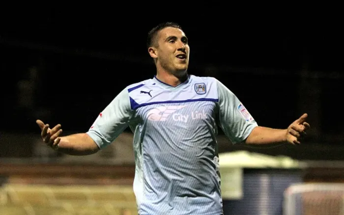 Framed Print : Callum Ball Scores Coventry City's Second Goal in Johnstones Paint Trophy Match Framed Print : Callum Ball Scores Coventry City's Second Goal in Johnstones Paint Trophy Match