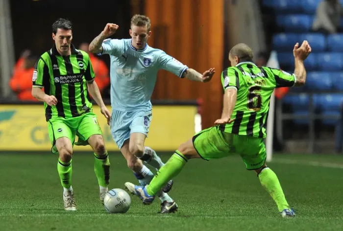 Framed Print : Carl Baker Evades Taricco and El-Abd: Coventry City vs Brighton & Hove Albion in Npower Championship Action Framed Print : Carl Baker Evades Taricco and El-Abd: Coventry City vs Brighton & Hove Albion in Npower Championship Action