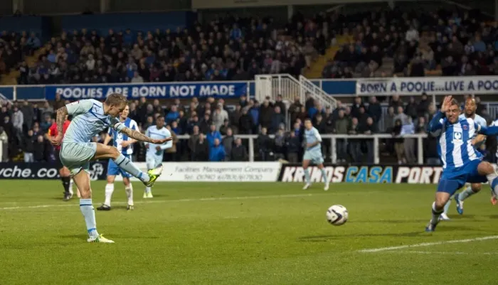 Framed Print : Carl Baker Scores Coventry City's Third Goal vs Hartlepool United in Football League One (November 2012)