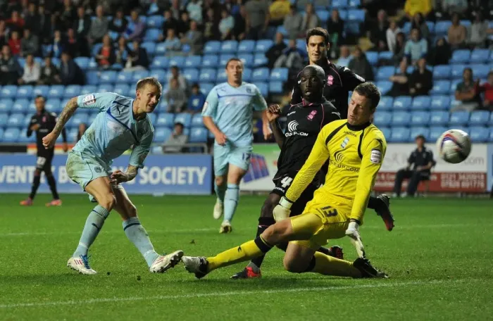 Framed Print : Carl Baker Scores Hat-trick: Coventry City vs Birmingham City in Capital One Cup Round 2 Framed Print : Carl Baker Scores Hat-trick: Coventry City vs Birmingham City in Capital One Cup Round 2
