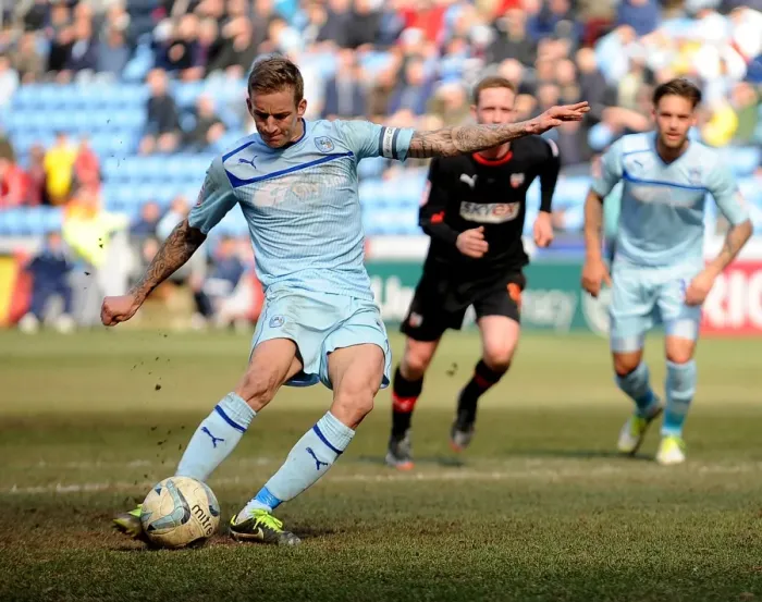 Framed Print : Carl Baker Scores Opening Penalty for Coventry City against Brentford at Ricoh Arena Framed Print : Carl Baker Scores Opening Penalty for Coventry City against Brentford at Ricoh Arena