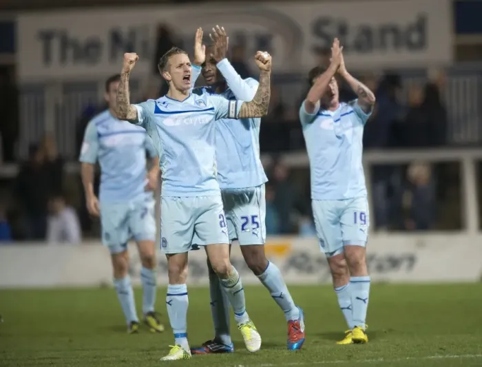 Framed Print : Carl Baker's Euphoric Moment: Coventry City's Promotion Celebration vs Hartlepool United