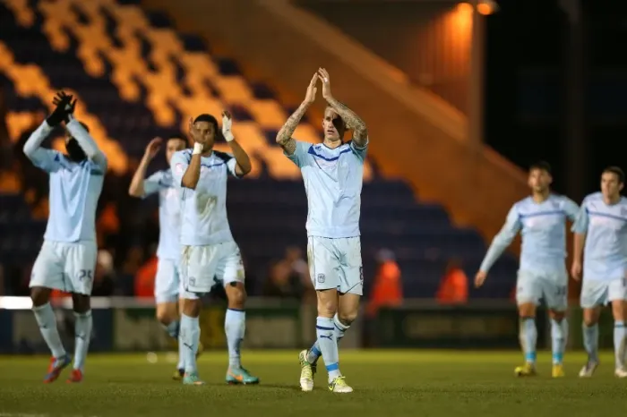 Framed Print : Carl Baker's Triumphant Moment: Coventry City FC Celebrates Victory Over Colchester United