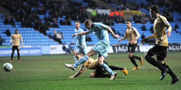 Framed Print : Carl Dickinson's Shot: Coventry City vs Colchester United in Npower League One at Ricoh Arena